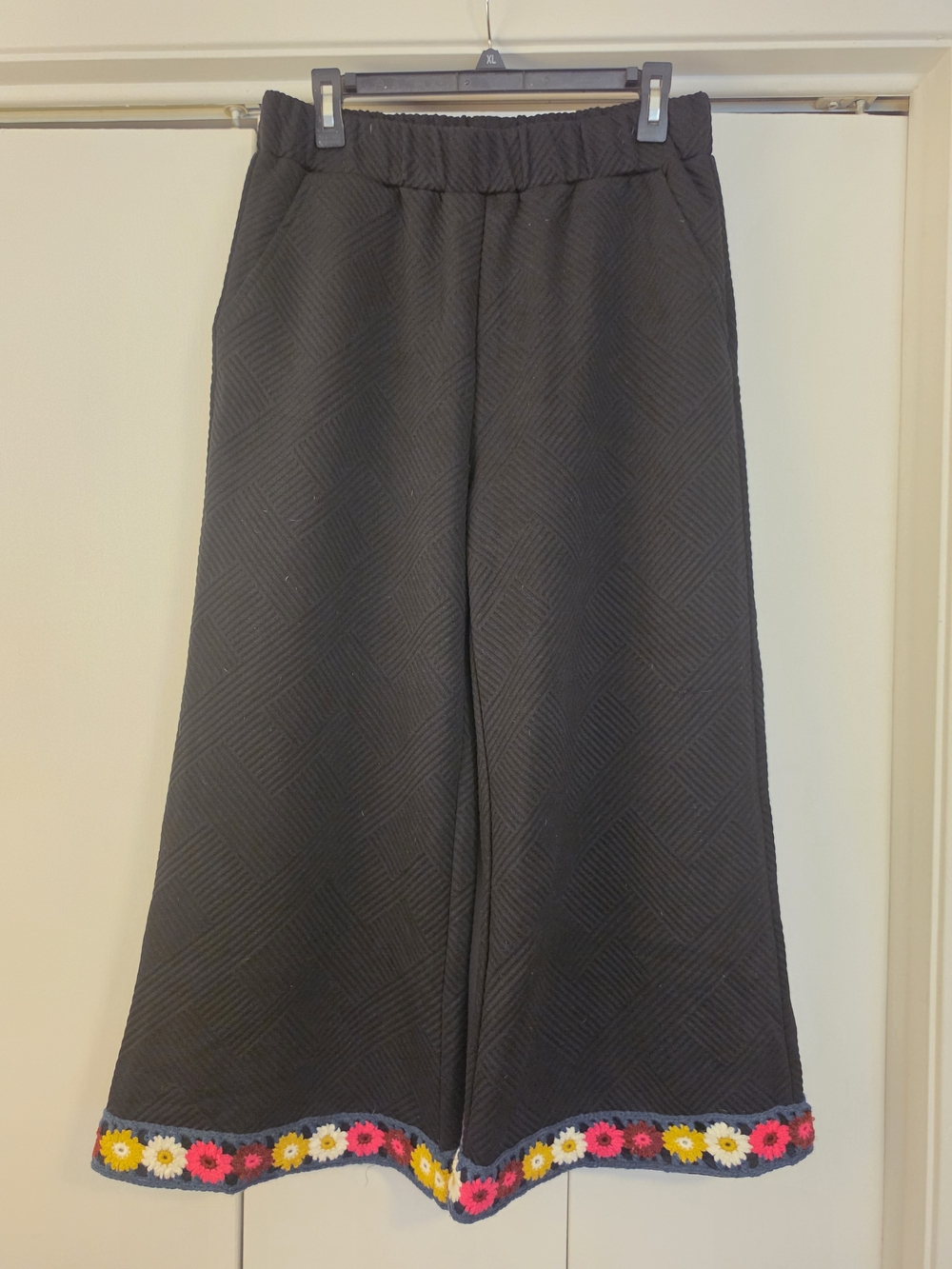 Black Wide-Leg Knit Pants with Floral Hem